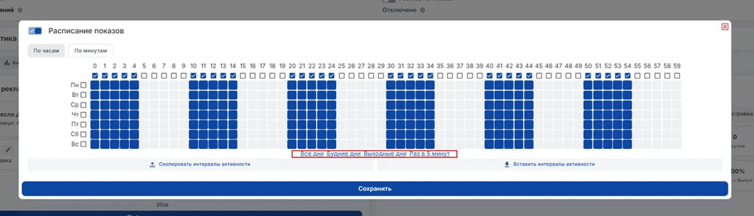 Расписание показов По минутам